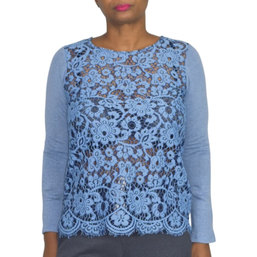 Sundance Ariadna Top Blue Lace Knit Sweater Scallop Hem Long Sleeves Size XS - Picture 14 of 14